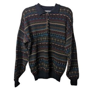 Vintage 80s Shenandoah Dad Sweater Cotton Knit Polo Collar Patterned Pullover M